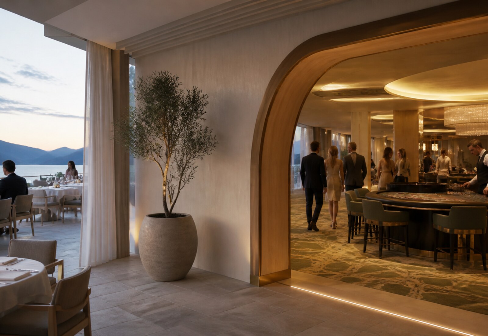 Elegant overgang fra den lyse terrassen til kasinoet